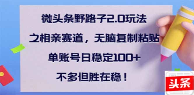 （14334期）微头条野路子2.0玩法之相亲赛道，无脑搬砖复制粘贴，单账号日稳定300+...-柚子网创